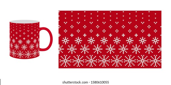 Red cup with knitting texture. Xmas seamless knit print with snowflakes. Vector. Christmas winter pattern. Sweater, pullover illustration. Holiday fair isle traditional design. Crochet background.