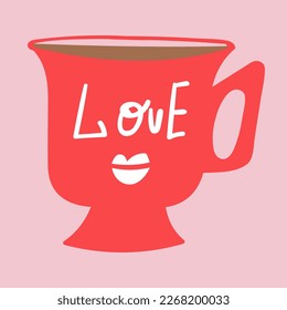 Red cup. Love. Hand drawn illustration on pink background.