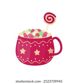 Red cup with marshmallows and caramel. Cozy winter drink. Vector illustration on a white background.