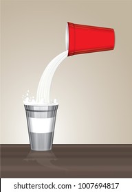 
Red cup milk pouring to silver plastic cup on wooden floor isolated on light brown background,Vector, eps10.