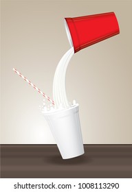 Red cup milk pouring to white plastic cup  with tube for drinking on wooden floor isolated on background,Vector, eps10.