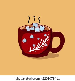 Red cup, mug with cocoa and marshmallows. Winter twigs and snowflakes. Vector illustration. Elements for design, for packaging, print, paper boxes, covers, textiles, web, banner, social network, etc.