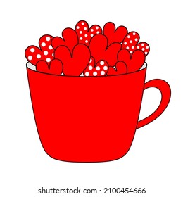 Red cup mug full of heart set. Love teacup with hearts. Happy Valentines Day. Polka dot. Coffee, tea, hot chocolate, cocoa drink. Greeting card template. White background. Isolated Vector illustration