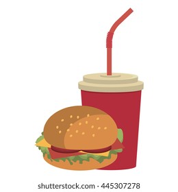red cup nd straw with burger front view over isolated background, fast food concept, vector illustration 
