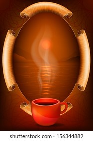 Red cup on the background of a sea landscape in the frame