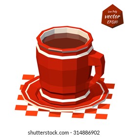 Red cup on a saucer with a drink isolated on white background. Low poly style. Vector illustration.