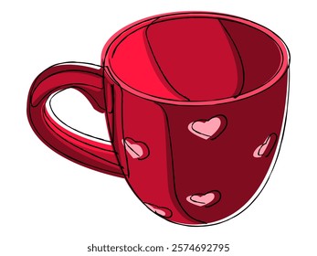 Red cup with pink heats. Cartoon sketch vector llustration of red mug with hearts isolated on white background in freehand style.