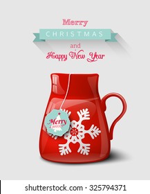 Red cup with snowflake, christmas motive, on gray background, seasonal greeting card, vector illustration, eps 10 with transparency and gradient mesh