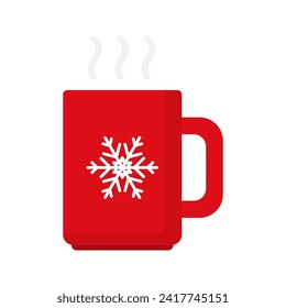 red cup with snowflake ornament isolated on white, christmas greeting card with hot drink in cup, flat vector illustration