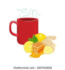 Red cup with steaming hot tea. Ginger drink with honey and lemon.  Vector illustration in cartoon flat style. 