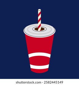 Red cup with straw. Soda drink in paper cup. Cinema food. Cold drink for watching film, circus or luna park. Flat vector illustration.