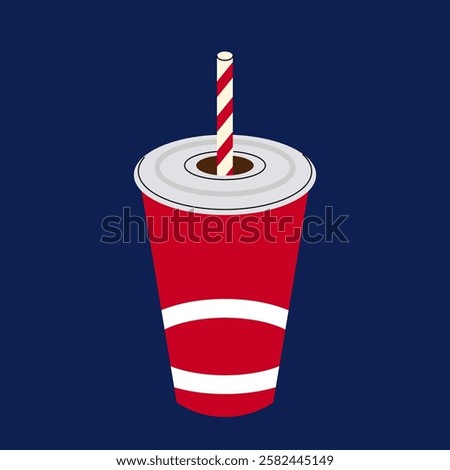 Red cup with straw. Soda drink in paper cup. Cinema food. Cold drink for watching film, circus or luna park. Flat vector illustration.
