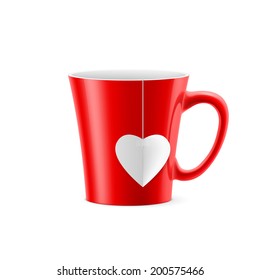 Red cup with tapered bottom with a tea bag in the form of heart