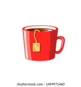Red cup with tea bag isolated on a white background. Simple flat illustration. Vector 10 EPS. Hot drink, warmth, relax concept.