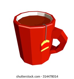 Red cup with tea bag isolated on white background. Low poly style. Vector illustration.