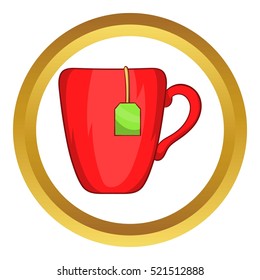 Red cup with tea bag vector icon in golden circle, cartoon style isolated on white background