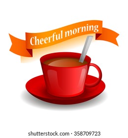 Red cup of tea or coffee on a saucer
