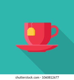 Red cup of tea flat icon with long shadow isolated on blue background. Simple cup in flat style, vector illustration for web and mobile design. Breakfast elements vector sign symbol.