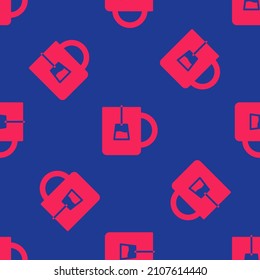Red Cup of tea icon isolated seamless pattern on blue background.  Vector