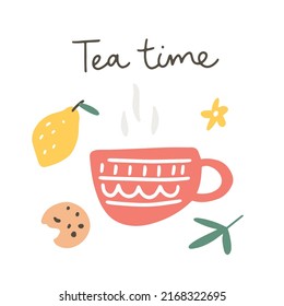 A red cup of tea with lemon and cookie isolated on a white background. Hand drawn flat vector illustration. Tea time lettering typography. Modern motivating calligraphy decor.