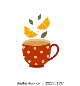 Red cup of tea with lemon slices and leaves. Hand drawn doodle style design. Isolated vector illustration