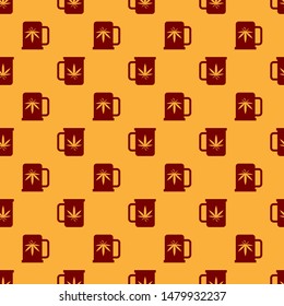 Red Cup tea with marijuana or cannabis leaf icon isolated seamless pattern on brown background. Marijuana legalization. Hemp symbol.  Vector Illustration
