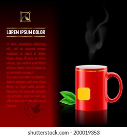 Red cup of tea spewing hot steam. Green leaf tea. Next sheet of paper with the test