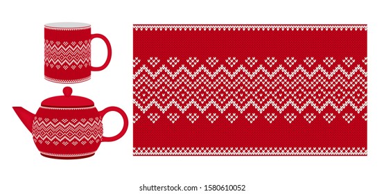 Red cup, teapot with knitting texture. Xmas seamless knit print. Vector. Christmas winter pattern. Sweater, pullover illustration. Holiday fair isle traditional design. Background with hearts, zig zag