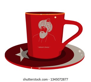 Red cup with turkish flag and Mimar Sinan picture