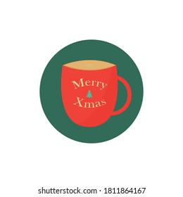 Red cup with warm drink on green background. Merry Xmas lettering. Sticker, logo, greeting card. 