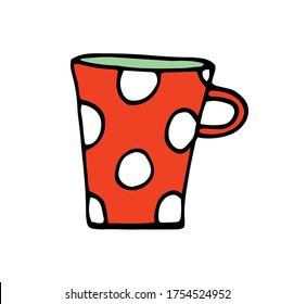 red Cup with white polka dots, hand-made vector picture in Doodle style