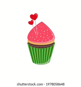 red cupcake in green shape with two hearts