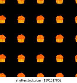 Red cupcakes seamless pattern. Line cupcakes isolated on black background. Doodle cupcakes