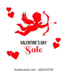 Red Cupid with arrow and bow, red hearts and text Sale Valentines Day. Seasonal sale cardl.