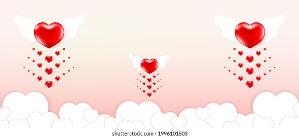 Vector de corazón cupido rojo, ángeles del corazón están esparciendo amor en el cielo entre las nubes. Antecedentes del día de San Valentín
