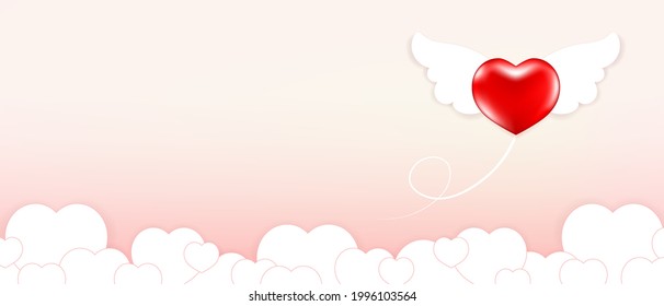 Red cupid heart vector, Heart angels are spreading love on the sky among the clouds. Valentine's day of love background