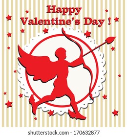 Red cupid shape holding a bow and an arrow. Valentines Day greeting concept