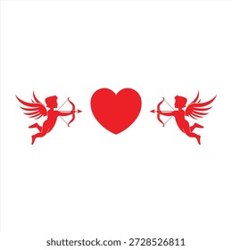 Red cupid silhouette set with bow arrow wings and hearts romantic valentine love illustration isolated on transparent background