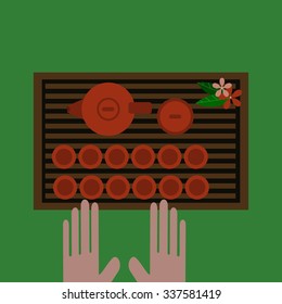 red cups on tea board
