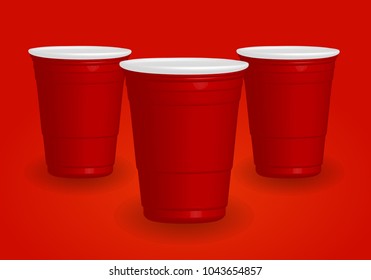 Red cups, it's party time on red background 3d illustration
