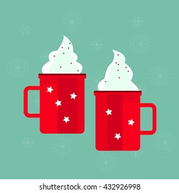 Red cups with  stars. Cups with  milk foam. Vector illustration.