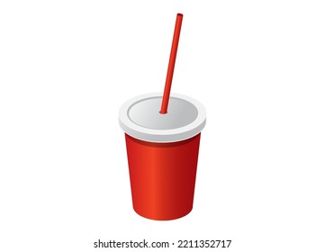 Red Cups With Straws For Soda, Juice Or Cold Beverage Isolated On White Background. Fast Food Cup Of Soda With Straw. Cold Drink For Fast Food Drinks And Beverage Menu.