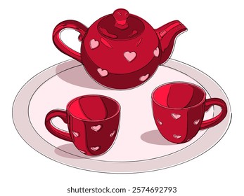 Red cups with red teapot on round tray isolated on white. Front view. Hand drawn vector illustration in cartoon sketchy style.