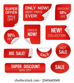 Red curled paper stickers. 3d label, round price tag. Curl edge sheet, isolated sale or special price badges. Christmas discount exact vector set