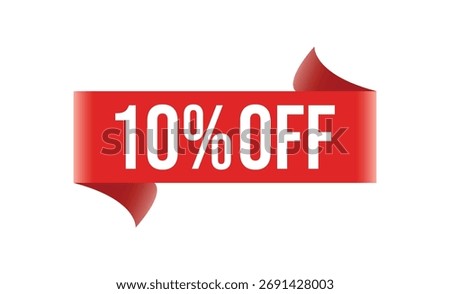 Red curled ribbon featuring 10% OFF text in bold white letters, presented against a clean white background. Sale promotion graphic.