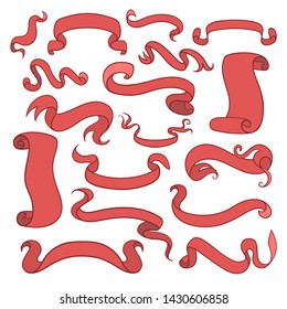 Red curled ribbons, set of vintage design elements. Vector illustration