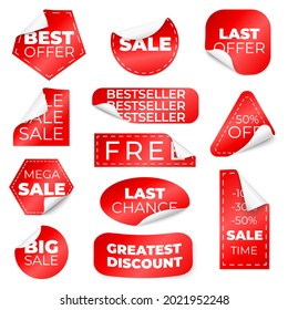 Red curled sale stickers. Discount labels with curl edge, low pricing tags. Isolated store badges, christmas or seasonal special prices recent vector set