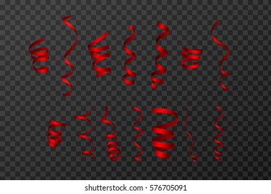 Red Curling Stream. Set realistic serpentine for design. Transparent Background. Vector Illustration
