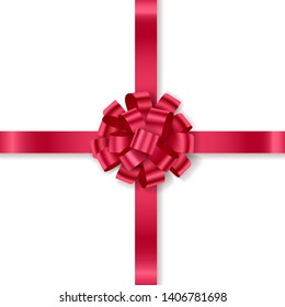 Red curly gift bow with ribbons isolated on white background. Vector realistic element for design.
