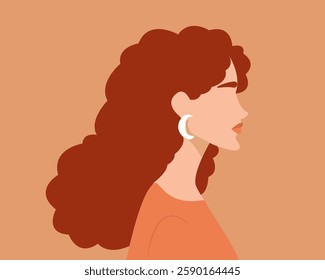 red curly hair woman side profile, long hair woman illustration vector